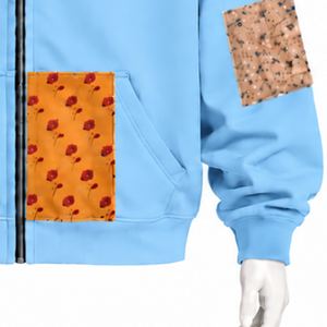 Sweat à capuche zippé oversize bleu ciel avec patchwork et imprimés, style streetwear décontracté pour homme - Product Image 6