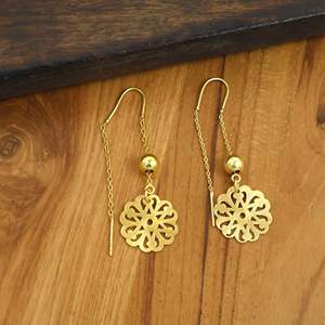 <b>Gold</b> Plated Brass Ethnic Floral Threader Drop <b>Earrings</b> for Unisex | Filigree Flower Chain <b>Dangle</b> Party <b>Earrings</b> - Product Image 1