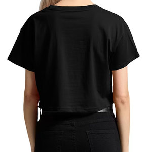 Camiseta Corta Negra para Mujer, Cuello Redondo, Manga Corta, Color Sólido, Informal, Transpirable, de Algodón Jersey, Estampada - Product Image 3