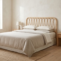 Neues Modernes Minimalistisches Wellenförmiges Rattan-Kopfteil Bettgestell Holz Umweltfreundlich Braunes Mikrofaser-Polster Maßgefertigtes Schlafzimmer
