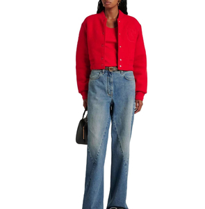 Veste en tricot courte rouge pour femme, manches longues, col montant, vêtement d'extérieur décontracté, style automne, tissu polyester doux - Product Image 2