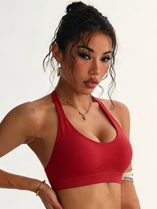 Halter Sports <b>Bra</b> Women <b>Open</b> Back Yoga Crop Top Wireless Padded Gym Workout Fitness Activewear Seamless Ribbed Bralette Blanks - Product Image 1