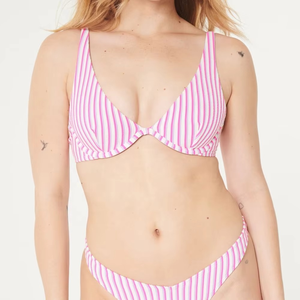 Ensemble bikini rayé pour femme, couleur personnalisable, haut de maillot de bain à armatures, bas de maillot de bain coupe haute, logo avant, tenue de plage - Product Image 1