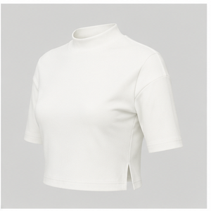 Camiseta Corta para Mujer, Color Marfil, Cuello Alto Simulado, Manga hasta el Codo, Corte Holgado, WTS-0051 - Product Image 4