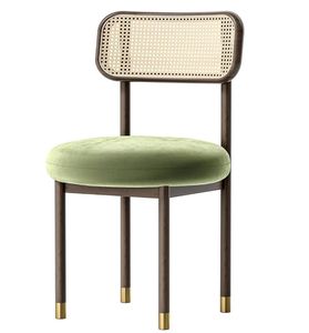 Chaise d'hôtel moderne rembourrée avec structure en bois et dossier en rotin, assise en velours vert, pieds coniques, usage intérieur - Product Image 3