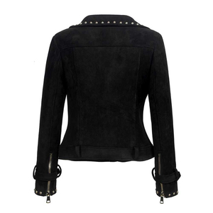 เสื้อแจ็คเก็ตหนังแท้สำหรับผู้หญิง สไตล์ไบค์เกอร์ สีดำ ทรงเข้ารูป สไตล์พังก์ ประดับหมุดโลหะ เสื้อแจ็คเก็ตหนังสำหรับขี่มอเตอร์ไซค์ - Product Image 2