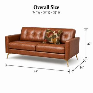 Sofá Moderno de Dos Plazas Tapizado en Cuero Genuino, Estilo Mid-Century, Brazos Cuadrados, Patas Metálicas, Mueble de Sala de Estar - Product Image 2