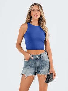 Débardeur court tricoté sans manches bleu pour femme, col rond, couleur unie, coupe classique, printemps-été - Product Image 2