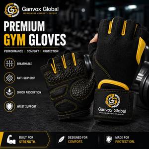 Ganvox Global Premium Mesh Customizable Unisex Weight Lifting Gym Gloves Black Yellow <b>Half</b> Finger Breathable Anti <b>Slip</b> Wrist - Product Image 4