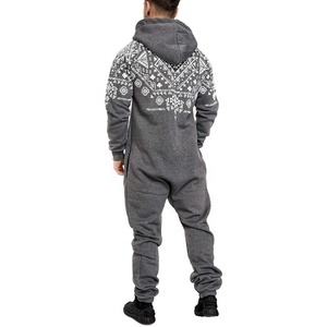 New Casual Men's Printed Romper With Front Zipper Sublimated Drawstring Hood Track Suit Zip Sleeping Wear <b>Knickers</b> Sweat Suit - Product Image 2