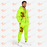 Set Hoodie Sweatshirt Pria Hijau Neon Cetak Tanpa Alasan, Pakaian Kasual Musim Gugur, Bahan French Terry Bernapas, Tracksuit Pria