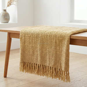 Neutral <b>Beige</b> Textured Woven Linen Like Cotton Throw Blanket Fringed Couch Cover Bohemian Room Decor Factory - Product Image 1