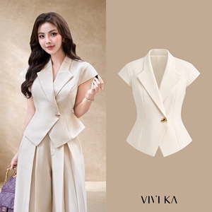 Chaleco Elegante para Mujer, Color Crema, con Solapa con Muescas, Manga Corta, un Solo Botón, Corte Entallado, Color Sólido, Tela de Lana, NERINA, ODM OEM - Product Image 1