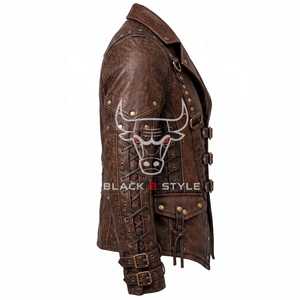 Veste d'hiver pour homme en cuir véritable, motif tête de mort en relief, fermeture éclair, col montant, capuche, style motard gothique - Product Image 4