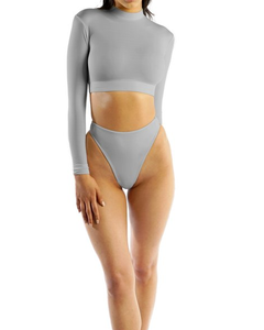 Conjunto de Bikini de Dos Piezas para Mujer, Top Corto de Manga Larga con Cuello Alto, Color Negro Sólido, Braguita de Tanga sin Costuras, Tejido Elástico - Product Image 3