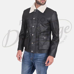 Chaqueta de Cuero Genuino Negra para Hombre con Cuello de Piel Sherpa Blanca, Chaqueta de Cuero Estilo Biker Casual, Ajustada y Cálida para Invierno - Product Image 1