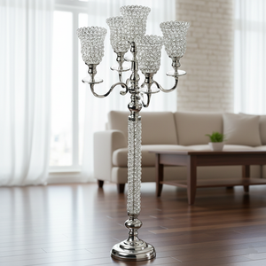 Nouveau Candelabre en Cristal Perlé Fait Main, Design Exclusif, 5 Bras avec Base Solide, Centre de Table, Décoration de Mariage, Porte-Bougies Chauffe-Plat - Product Image 2