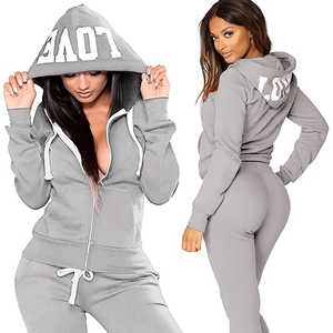Ensemble de survêtement gris à capuche pour femme, manches longues, taille haute, couleur unie, tricoté, décontracté, toutes saisons - Product Image 2