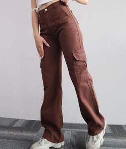 Pantalon cargo ample taille mi-haute 2026 avec logo brodé personnalisé pour femme, style streetwear, en tissu de coton léger - Product Image 3