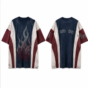 Men's Oversized T-<b>Shirt</b> Short Sleeve O-Neck Rhinestone <b>Flame</b> Print Contrast Trim Street Style Cotton Woven Regular Length - Product Image 1