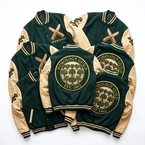 Chaqueta Bomber Varsity Bulk Maker con Mangas de Cuero y Parche Trasero de Lana con Diseño de Molino de Viento, Bordado Millstone Guild, Estilo Béisbol Universitario - Product Image 5