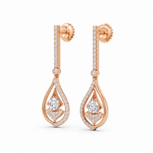 Boucles d'oreilles pendantes en or rose et diamants pour femme, bijoux de mariage, sertissage pavé, forme goutte d'eau, style luxueux - Product Image 1