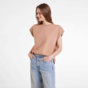 High Quality Women's Cap Sleeve Loose Fit <b>Crop</b> Tee <b>Top</b> O-Neck Polyester Cotton Solid Casual Wear Summer Women Cap Sleeve T-Shirt - Product Image 3