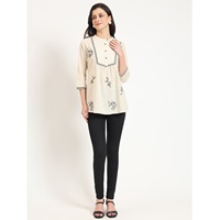 Haut en coton blanc brodé à col rond pour femme, de qualité supérieure, coupe confortable, idéal pour l'été et le bureau, en vente
