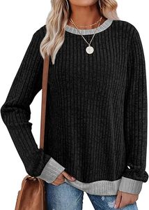 <b>Womens</b> Tops <b>Long</b> Sleeve <b>Shirts</b> Lightweight Sweaters Loose Fit Crewneck Color Block Fall Fashion Outfits - Product Image 1