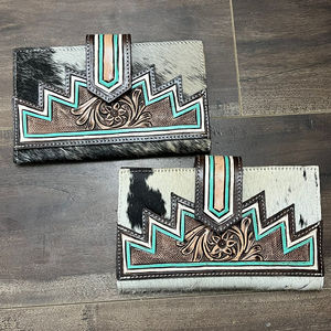 Nueva Cartera de Cuero Vacuno Genuino de Gran Capacidad, Estilo Rústico Occidental, Cartera Larga con Incrustaciones de Cuero con Pelo y Turquesa en Forma de Zig Zag - Product Image 4