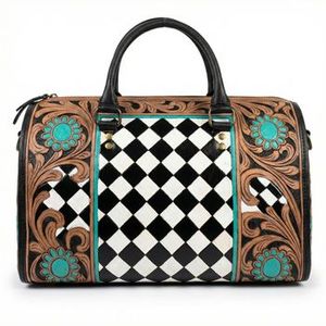 Checkerboard Pattern Tooling Carved 100% Genuine <b>Leather</b> Waterproof Eco-Friendly Sport Lightweight Portable Weekender Speedy <b>Bag</b> - Product Image 5