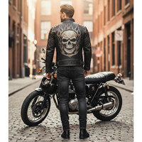 Blouson de moto en cuir véritable noir pour homme avec motif flamme en relief, col montant, fermeture éclair, coupe ajustée, style motard