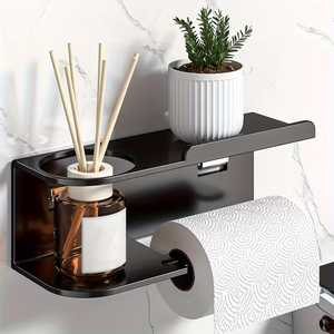 Black Wall Mounted <b>Toilet</b> <b>Paper</b> <b>Holder</b> with Shelf Metal Bathroom Tissue Roll Rack - Product Image 1