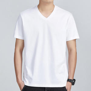 T-shirt pour homme en coton et élasthanne, col en V, manches courtes, logo personnalisé imprimé sur le devant, couleur unie, coupe classique, écologique, respirant, 180g - Product Image 1