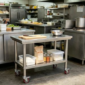 Tavolo da Lavoro Regolabile in Metallo per Isola Cucina con Ripiano - Product Image 6