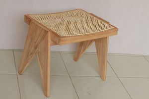Tabouret moderne et léger avec structure en teck massif et assise en rotin pour le salon, meubles de maison - Product Image 3