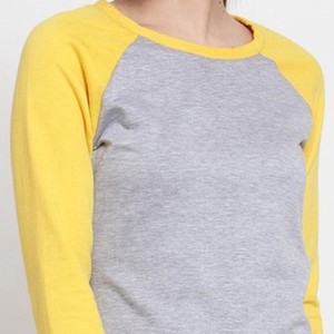 Sweat-shirt à manches longues et col rond pour femme, gris et jaune, en tricot décontracté, mélange de coton, pour l'automne - Product Image 4