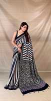 Saree Katun Wanita Tradisional India Dengan Pola Geometris Untuk Pakaian Santai Semua Musim