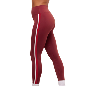 Leggings de sport pour femmes à taille haute avec logo personnalisé et bande latérale, couleur bordeaux, pour yoga et fitness - Product Image 2