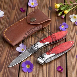 Cuchillo de bolsillo Damasco hecho a mano con diseño nuevo y personalizado, con mango de madera Pakka roja, el mejor cuchillo plegable para acampar y cazar. - Product Image 6