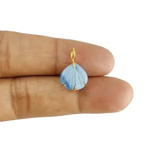 Blue Opal Gemstone Sea Shell Carved 925 Sterling Silver Gold Vermeil Prong set Pendant Stone Charm Silver Gemstone Pendant