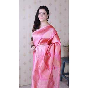 Baby Pink Soft Silk Bandhani Leheriya Zari Woven Saree Elegant <b>Evening</b> <b>Dress</b> for Women - Product Image 3