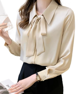 Blusa de Satén Verde con Cuello en V y Lazo, Manga Tres Cuartos, Camisa Formal para Mujer, Color Sólido, Antiarrugas, para Primavera - Product Image 3