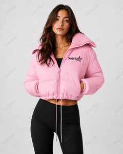 <b>Women</b>’s Pink Cropped Puffer Jacket with <b>Sherpa</b> Hood Custom Winter Quilted Hooded Down Jacket OEM/ODM <b>Women</b>’s Short Puffer <b>Coat</b> - Product Image 3