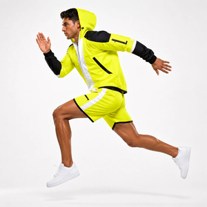 Men Neon Yellow Hooded Tracksuit Set Quick Dry Sporty Shorts Full Sleeve Lightweight Wear - Product Image 4