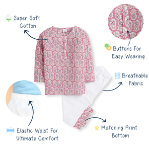 Polka Tots Ananas imprimé Manches longues Vêtements de nuit Ensemble pyjama Kurta-Rose - Product Image 1