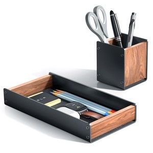Handcrafted Walnut Wood Pen Stand with Marble Inlay - Wholesale Office Organizer - Product Image 1