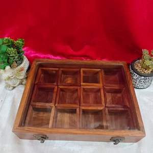 Boîte à épices en bois de Sheesham, 12 pots, sans taxes douanières |   Boîte à épices en bois faite à la main |   Cuisine Sacrée de Vrindavan - Product Image 2