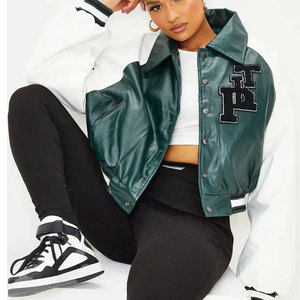 Green PU Varsity <b>Jacket</b> Turn-down Collar Embroidered Letter Patch Regular <b>Sleeve</b> Preppy Style <b>Short</b> Length Unisex Autumn Wear - Product Image 1