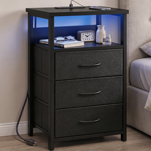 Table de chevet moderne avec éclairage LED, 3 tiroirs en tissu, prises de courant AC, ports USB et étagère ouverte - Product Image 1